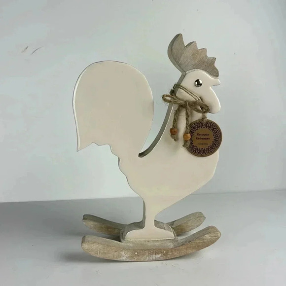 11.5”tall wooden chicken beige and white FARMHOUSE DECOR ON A ROCKING BASE - Picture 1 of 8